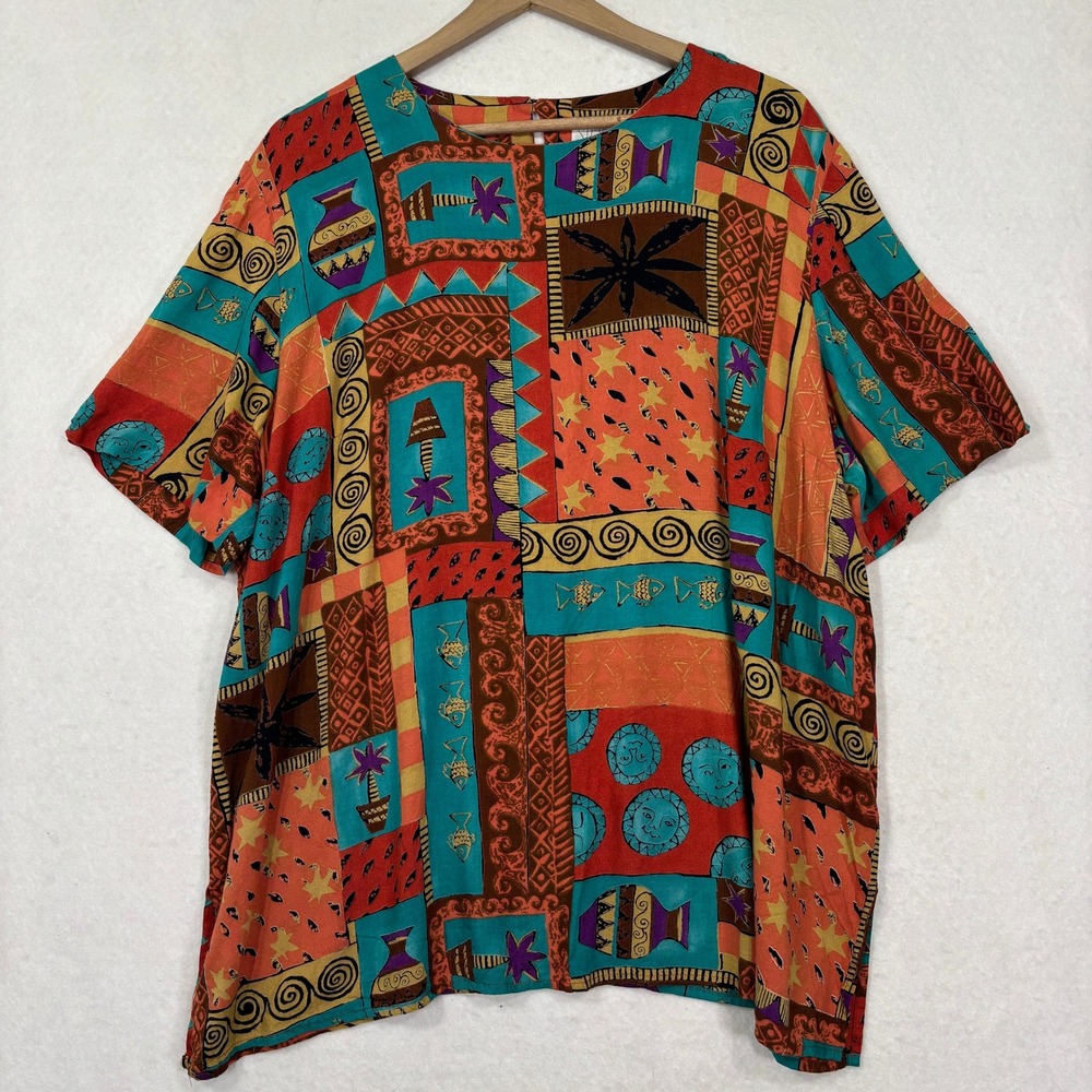 SGS Studio Blouse‎ Womens 24W Abstract Print Short Sleeve Vintage Boho